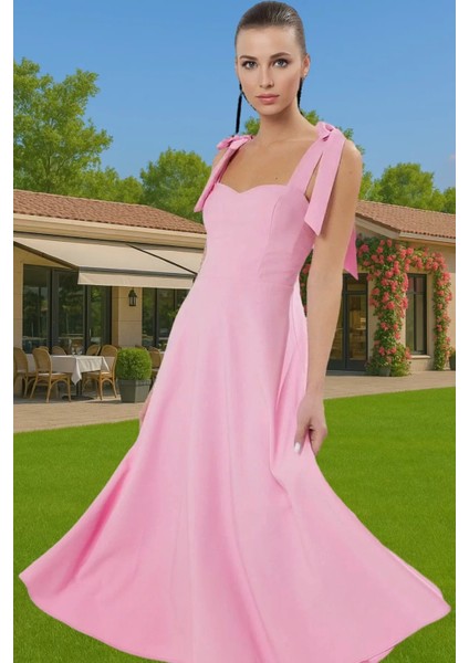 Feminen A Kesim Midi Abiye Elbise Polyester Elastan Dokuma Kumaştan Günlük Kullanım Için