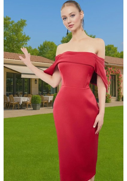 Bodycon Kalıp Kısa Kollu Saten Abiye Elbise Carmen Yaka Tasarım Özel Davetler Için Özenle Seçilmiş