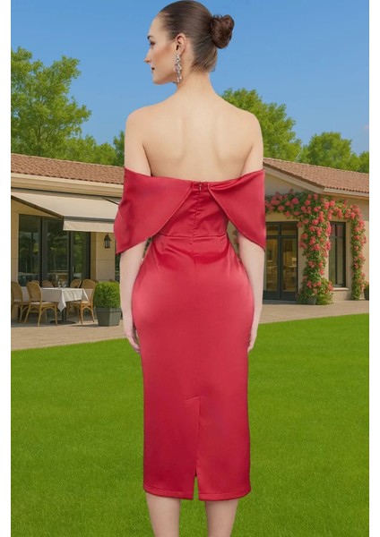 Bodycon Kalıp Kısa Kollu Saten Abiye Elbise Carmen Yaka Tasarım Özel Davetler Için Özenle Seçilmiş modelleri