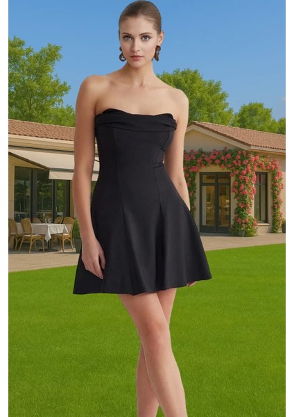 A Kesim Straplez Mini Dokuma Abiye Elbise Polyester Yazlık Kaliteli Işçilik Konforlu Kesim