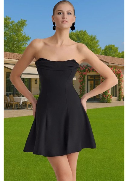 A Kesim Straplez Mini Dokuma Abiye Elbise Polyester Yazlık Kaliteli Işçilik Konforlu Kesim