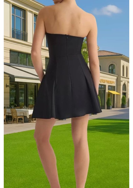 A Kesim Straplez Mini Dokuma Abiye Elbise Polyester Yazlık Kaliteli Işçilik Konforlu Kesim