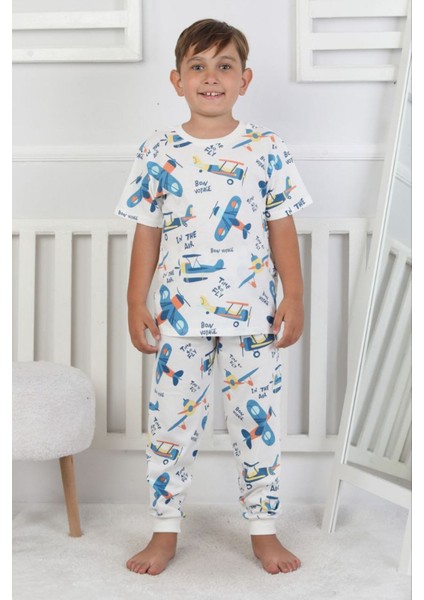 Isob Ekru Helikopter Desenli %100 Pamuk Erkek Çocuk Kısa Kollu Pijama Takımı 3-8 Yaş 41218-E