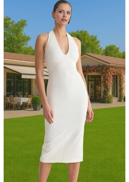 Şık Halter Yaka Bodycon Elbise Taş Detaylı Finike Dokuma Kaliteli Işçilik Kaliteli Işçilik