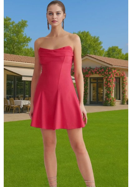 A Kesim Straplez Mini Dokuma Abiye Elbise Polyester Yazlık Kaliteli Işçilik Konforlu Kesim