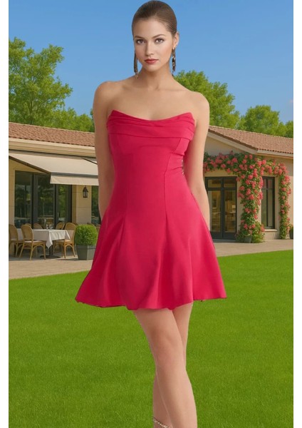 A Kesim Straplez Mini Dokuma Abiye Elbise Polyester Yazlık Kaliteli Işçilik Konforlu Kesim fiyatları