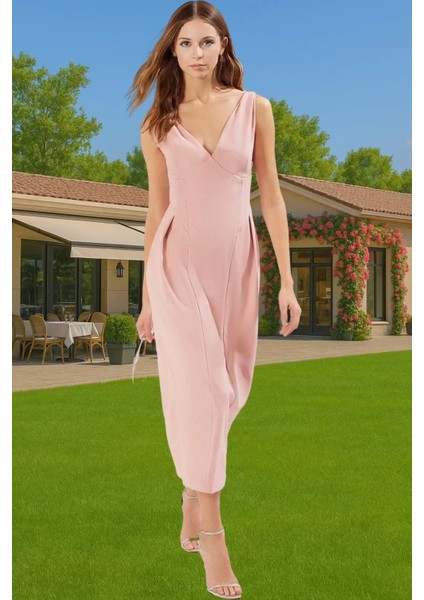 Şık A Kesim Midi Abiye Elbise Polyester Elastan Dokuma Kumaş Profesyonel Görünüm Modern Stil