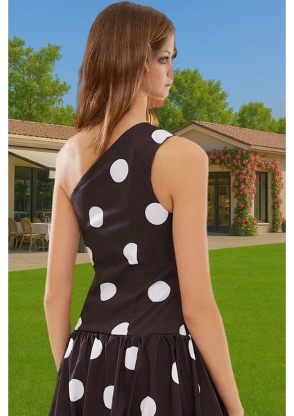 Şık Puantiyeli Poplin Mini Elbise Asimetrik Yaka Yazlık Balo Elbisesi Trend Tasarım Özenle Seçilmiş