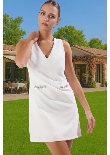 Taş Detaylı Mini Abiye Elbise V Yaka Finike Dokuma Kisa Elbise Premium Kalite Özenle Seçilmiş