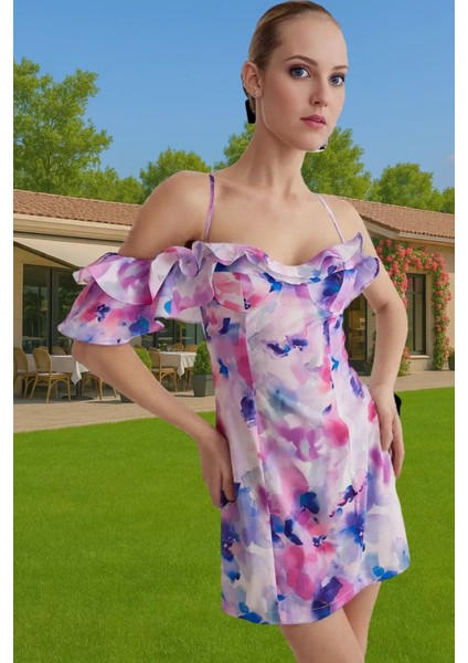 Çiçek Desenli Mini Abiye Elbise Vücuda Oturan Poplin Kumaştan Dayanıklı Malzeme Şık Görünüm