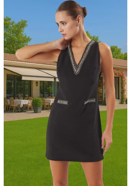 Taş Detaylı Mini Abiye Elbise V Yaka Finike Dokuma Kisa Elbise Premium Kalite Özenle Seçilmiş fiyatları