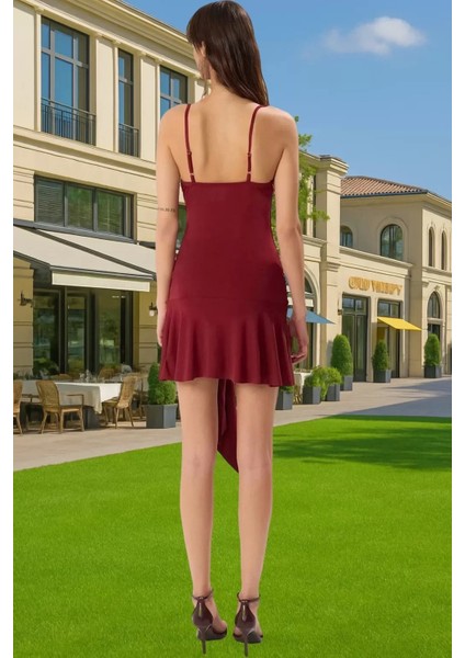 Kısa A Kesim Volan Detaylı Sandy Örme Abiye Elbise Kaliteli Işçilik Mükemmel Uyum Uzun Ömürlü