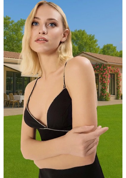 Taş Detaylı V Yaka Midi Abiye Elbise Polyester Dokuma Yazlık Şık Seçkin Malzeme Şık Görünüm