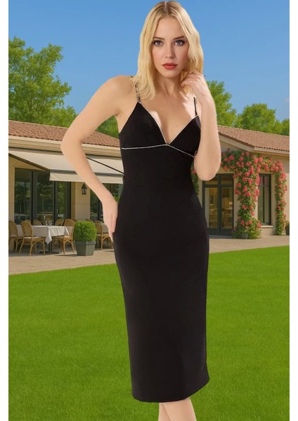 Taş Detaylı V Yaka Midi Abiye Elbise Polyester Dokuma Yazlık Şık Seçkin Malzeme Şık Görünüm fiyatları