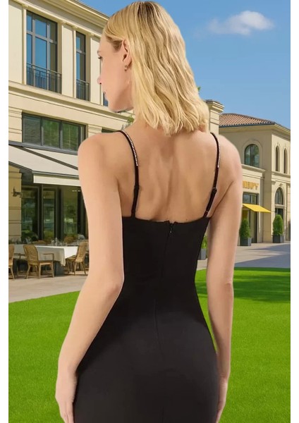 Taş Detaylı V Yaka Midi Abiye Elbise Polyester Dokuma Yazlık Şık Seçkin Malzeme Şık Görünüm modelleri