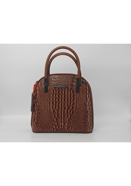 Açık Kahve Timsah Desen Deri Çanta - Hakiki Deri 40085 - Çok Bölmeli , Gerçek Deri