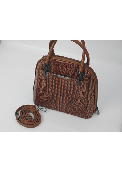 Açık Kahve Timsah Desen Deri Çanta - Hakiki Deri 40085 - Çok Bölmeli , Gerçek Deri