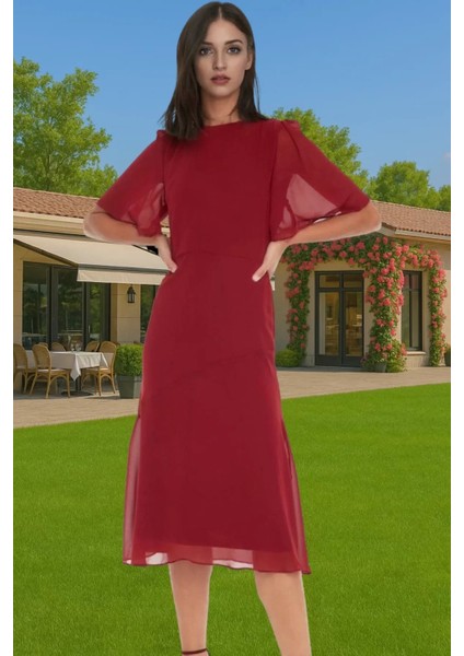 Astarlı Şifon Elbise A Kesim Midi Boy Polyester Yazlık Premium Kalite Özenle Seçilmiş Premium Kalite