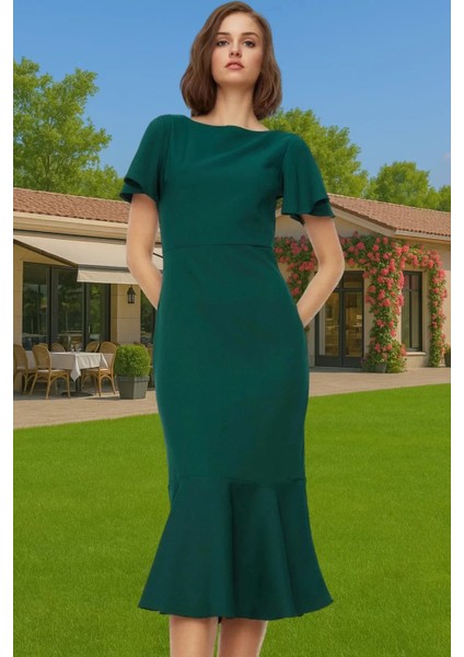 Şık Kadın Kısa Kollu Midi Elbise Polyester Elastan Kumaş Premium Kalite Trend Tasarım Seçkin Malzeme