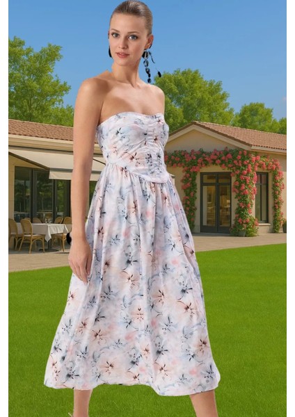 Midi Boy Poplin Abiye Elbise Çiçek Desenli Straplez Astarlı Şık Görünüm Premium Kalite Trend Tasarım