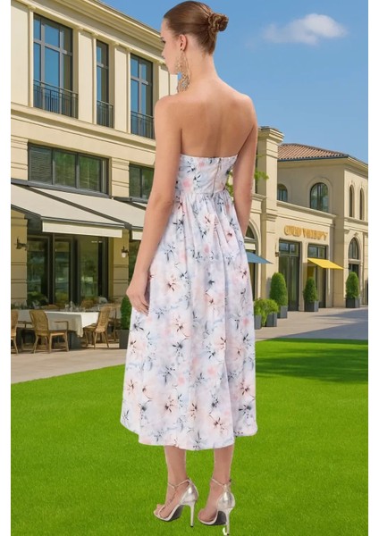 Midi Boy Poplin Abiye Elbise Çiçek Desenli Straplez Astarlı Şık Görünüm Premium Kalite Trend Tasarım modelleri