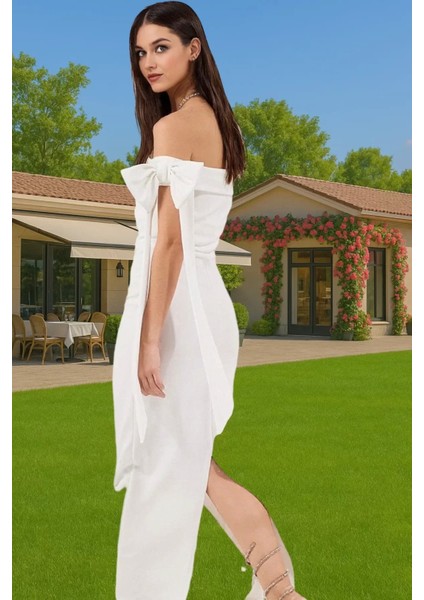 Omuz Fiyonklu Beyaz Bodycon Abiye Elbise Yazlık Maxi Krep Mükemmel Uyum Mükemmel Uyum Rahat Kullanım
