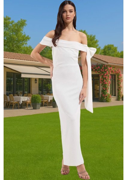 Omuz Fiyonklu Beyaz Bodycon Abiye Elbise Yazlık Maxi Krep Mükemmel Uyum Mükemmel Uyum Rahat Kullanım fiyatları