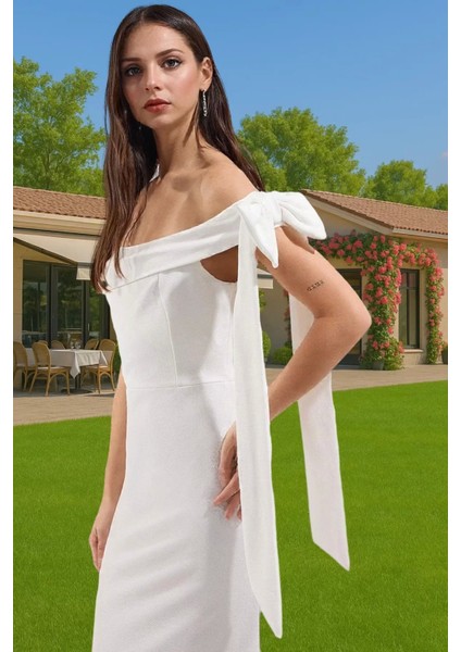 Omuz Fiyonklu Beyaz Bodycon Abiye Elbise Yazlık Maxi Krep Mükemmel Uyum Mükemmel Uyum Rahat Kullanım modelleri