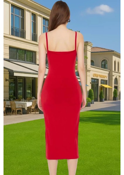 Vücudu Saran Şık Midi Boy Askılı Polyester Örme Elbise Özel Tasarım Seçkin Malzeme Yüksek Kalite
