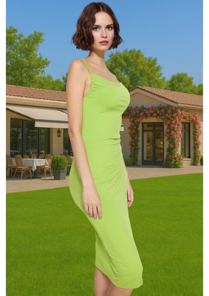 Vücudu Saran Şık Midi Boy Askılı Polyester Örme Elbise Özel Tasarım Seçkin Malzeme Yüksek Kalite fiyatları