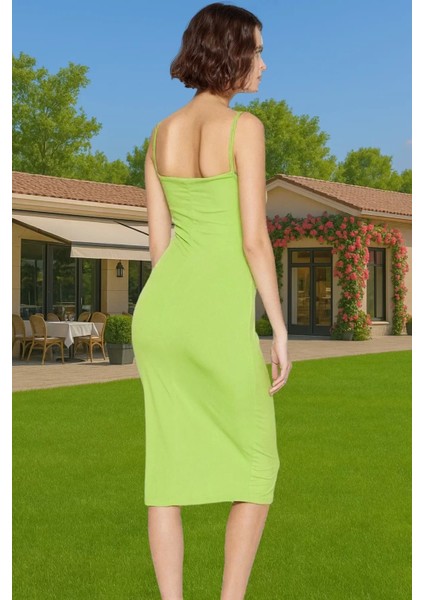 Vücudu Saran Şık Midi Boy Askılı Polyester Örme Elbise Özel Tasarım Seçkin Malzeme Yüksek Kalite modelleri