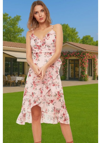 Astarlı Şifon Midi Elbise V Yaka Kruvaze Desenli Kaliteli Işçilik Özenle Seçilmiş Rahat ve Şık