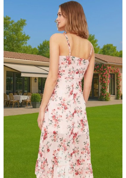 Astarlı Şifon Midi Elbise V Yaka Kruvaze Desenli Kaliteli Işçilik Özenle Seçilmiş Rahat ve Şık modelleri