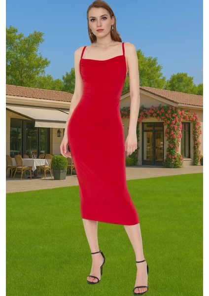 Vücudu Saran Şık Midi Boy Askılı Polyester Örme Elbise Özel Tasarım Seçkin Malzeme Yüksek Kalite