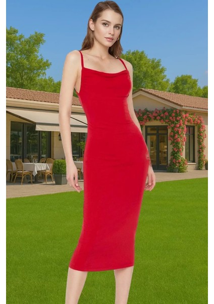 Vücudu Saran Şık Midi Boy Askılı Polyester Örme Elbise Özel Tasarım Seçkin Malzeme Yüksek Kalite fiyatları