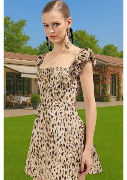 Kısa A Kesim Animal Desenli Poplin Elbise Yazlık Günlük Şık Şık Görünüm Modern Stil Kaliteli Işçilik