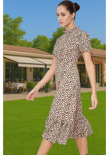 Şık A Kesim Midi Elbise Balon Kol Polyester Dokuma Yazlık Konforlu Kesim Rahat ve Şık Seçkin Malzeme