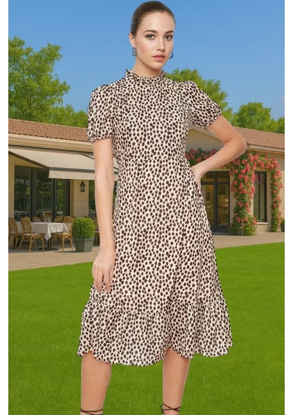 Şık A Kesim Midi Elbise Balon Kol Polyester Dokuma Yazlık Konforlu Kesim Rahat ve Şık Seçkin Malzeme fiyatları