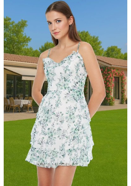 Astarlı Çiçekli Desenli Mini Şifon Elbise Rahat Yazlık Kıyafet Şık Görünüm Profesyonel Görünüm