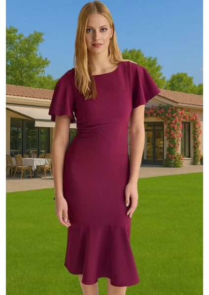 Şık Kadın Kısa Kollu Midi Elbise Polyester Elastan Kumaş Premium Kalite Trend Tasarım Seçkin Malzeme