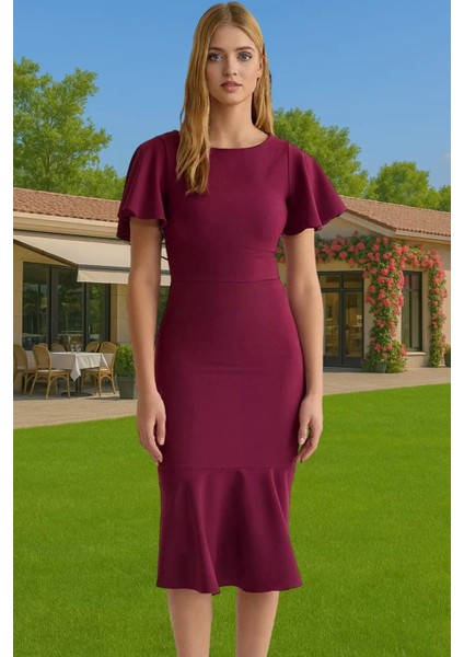 Şık Kadın Kısa Kollu Midi Elbise Polyester Elastan Kumaş Premium Kalite Trend Tasarım Seçkin Malzeme fiyatları