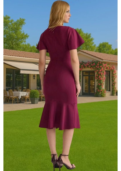 Şık Kadın Kısa Kollu Midi Elbise Polyester Elastan Kumaş Premium Kalite Trend Tasarım Seçkin Malzeme modelleri