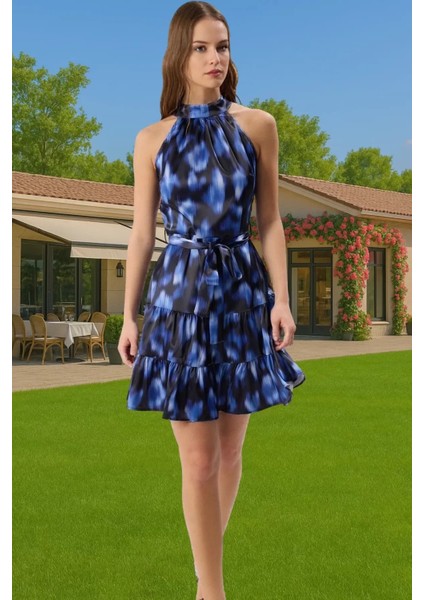 Kadın Yazlık Mini Elbise Saten Dokuma Çiçekli A Kesim Rahat Profesyonel Görünüm Rahat Kullanım