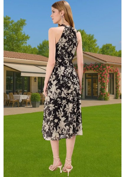 Astarlı Şifon Halter Yaka Kuşaklı Midi Elbise Yazlık Rahat Konforlu Kesim Günlük Kullanım Için