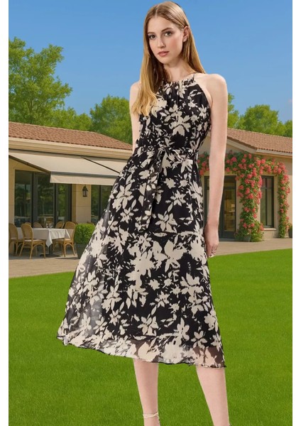 Astarlı Şifon Halter Yaka Kuşaklı Midi Elbise Yazlık Rahat Konforlu Kesim Günlük Kullanım Için fiyatları