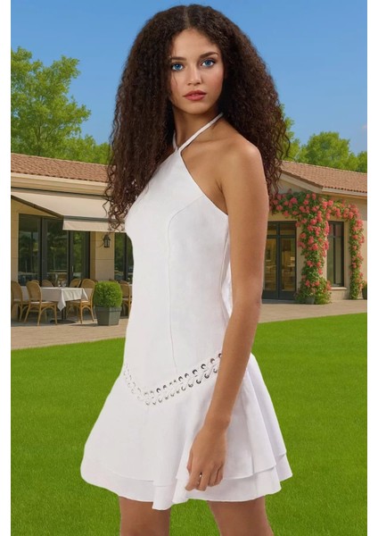 Şık Fırfırlı Poplin Mini Elbise Halter Yaka A Kesim Yazlık Trend Tasarım Rahat Kullanım Şık Görünüm fiyatları