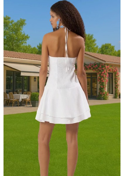Şık Fırfırlı Poplin Mini Elbise Halter Yaka A Kesim Yazlık Trend Tasarım Rahat Kullanım Şık Görünüm modelleri