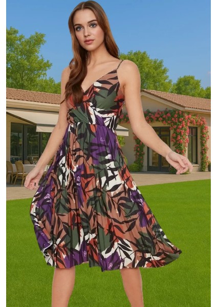 Yazlık Casual Ayarlanabilir Askılı Pileli Midi Elbise Seçkin Malzeme Yüksek Kalite Rahat Kullanım