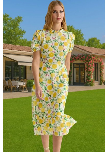 Şık A Kesim Midi Elbise Balon Kol Polyester Dokuma Yazlık Konforlu Kesim Rahat ve Şık Seçkin Malzeme