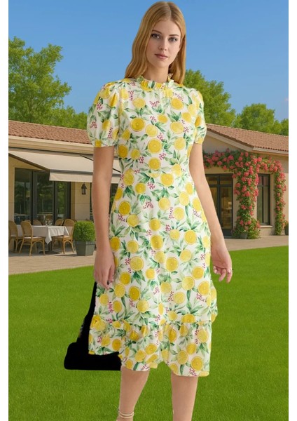 Şık A Kesim Midi Elbise Balon Kol Polyester Dokuma Yazlık Konforlu Kesim Rahat ve Şık Seçkin Malzeme fiyatları